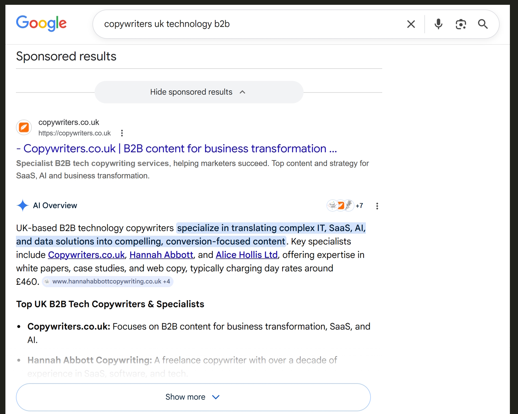 Google organic search shows AI Overview (Gemini) because of AI search SEO and GEO copywriting