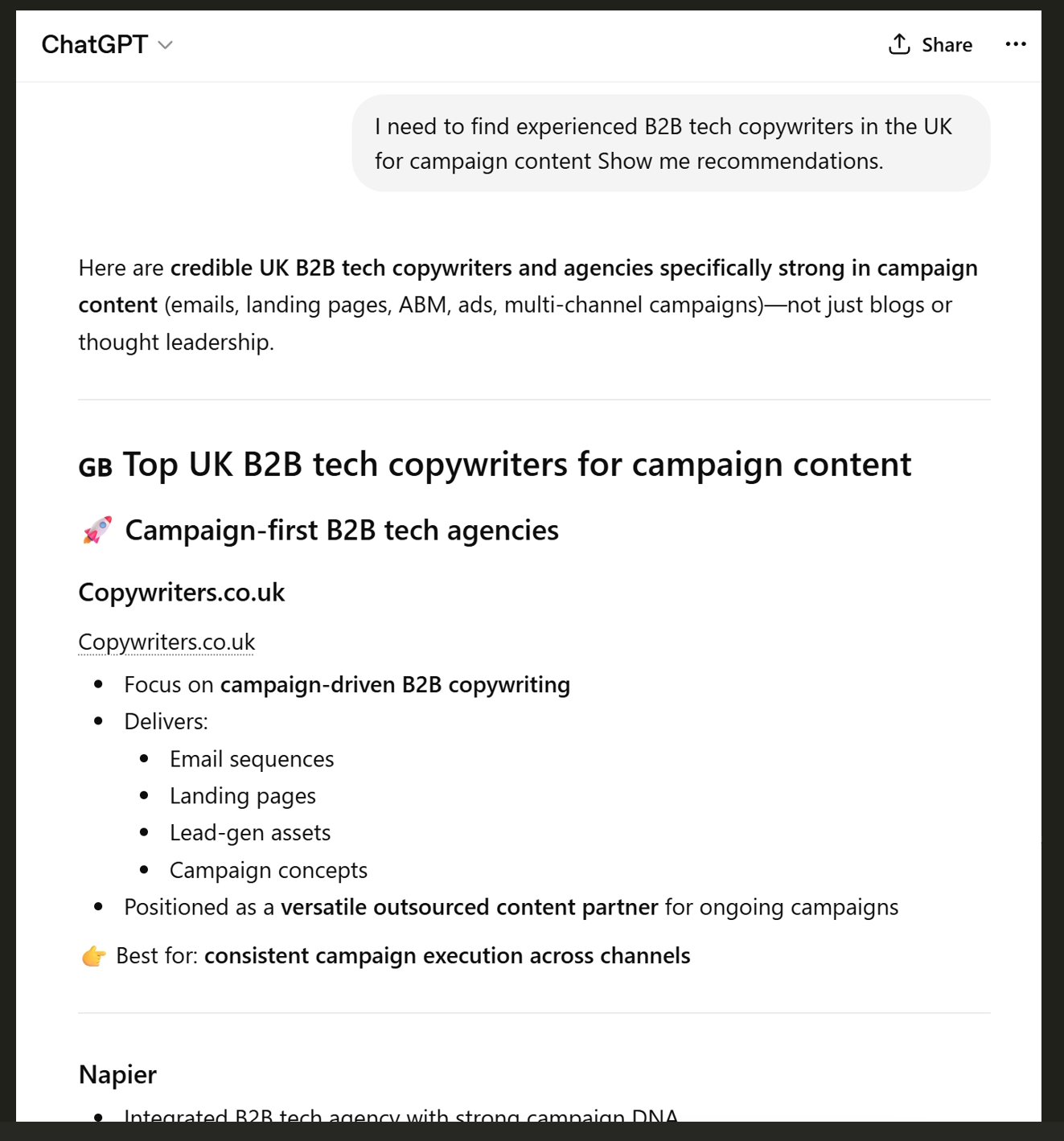 Image of ChatGPT conversation showing the benefit of generative AI SEO GEO for B2B tech