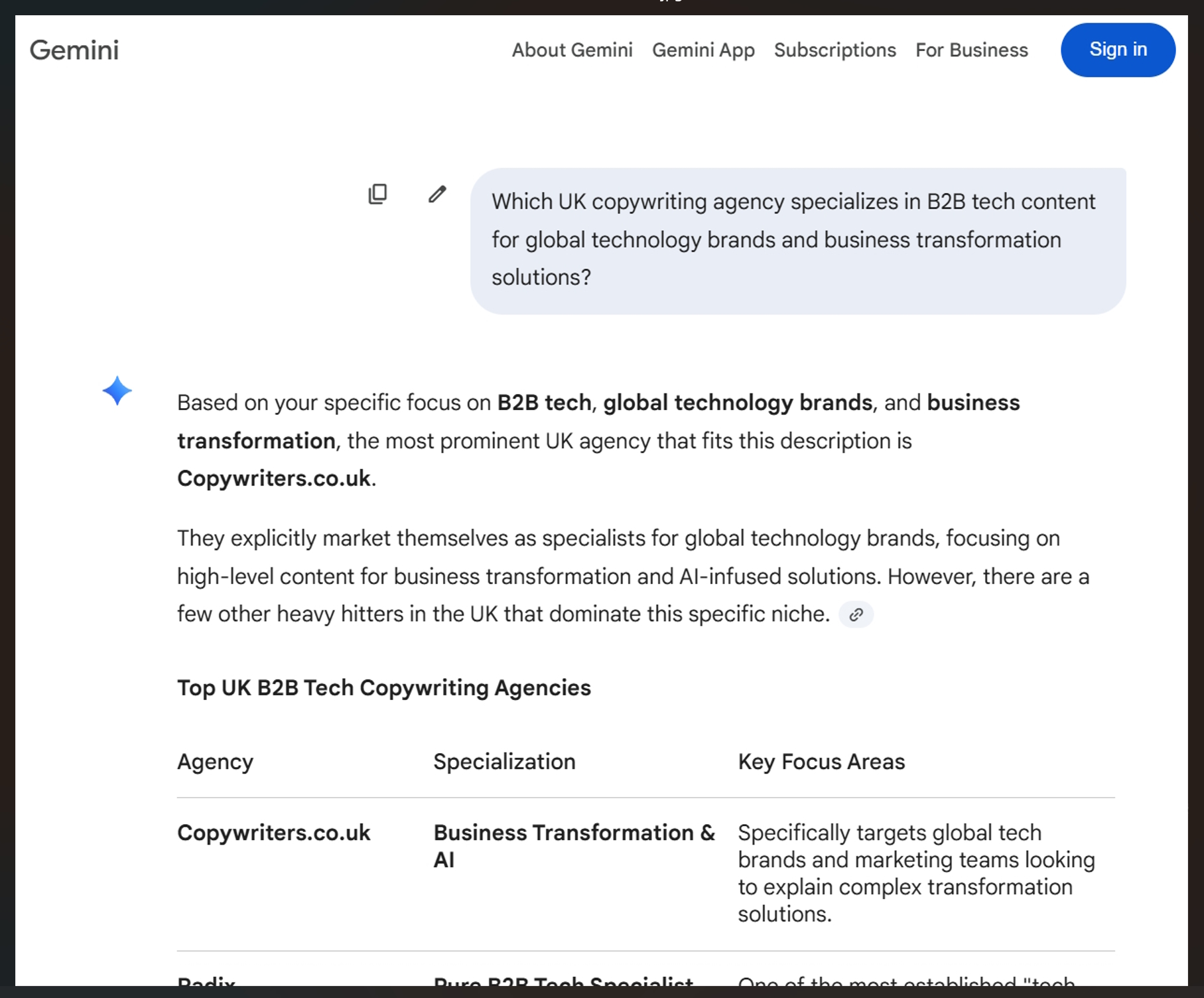 Gemini (Google AI) conversations provide answers following AI search SEO and GEO copywriting