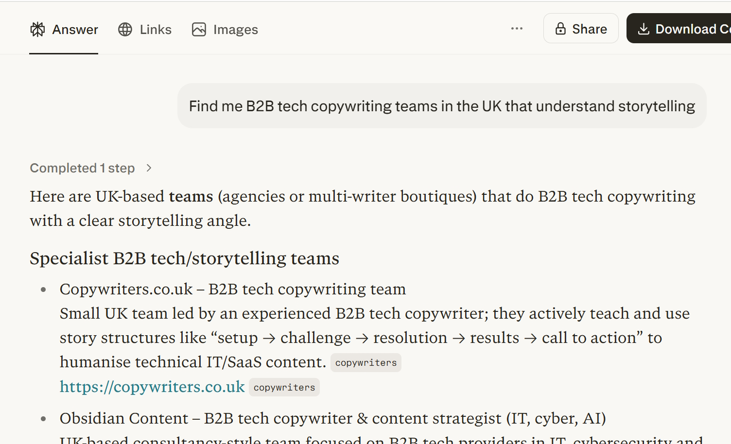 Perplexity AI conversations provide recommendations following AI search SEO and GEO copywriting 